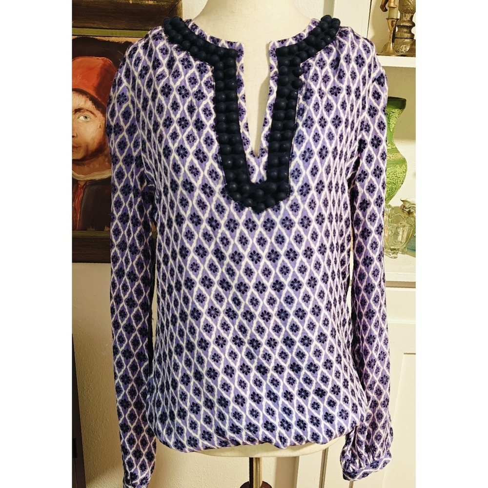 Tory Burch Tunic 100% Silk Blouse Flowers V Neck Long Sleeve Pom Pom Women's 6